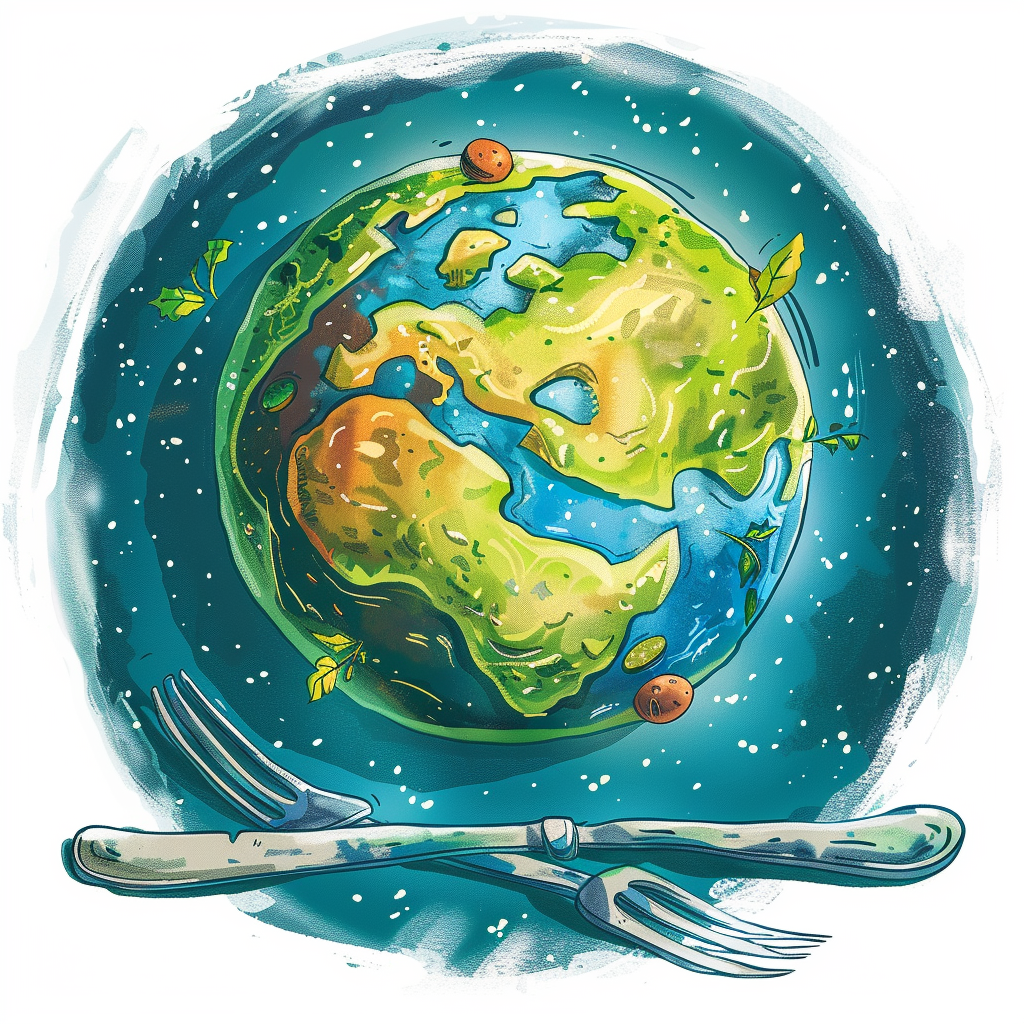 Floating fork and knife around Earth