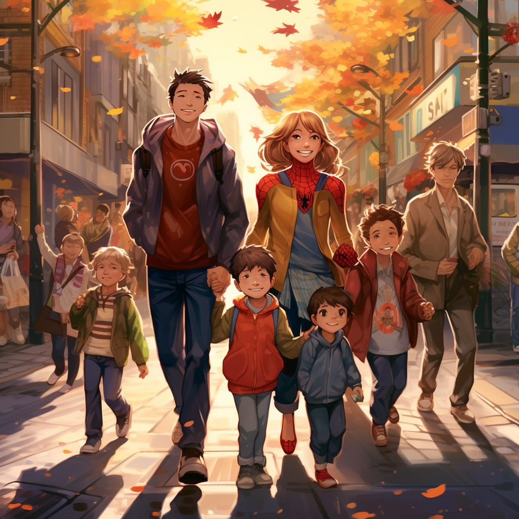 Cartoon family walking on street