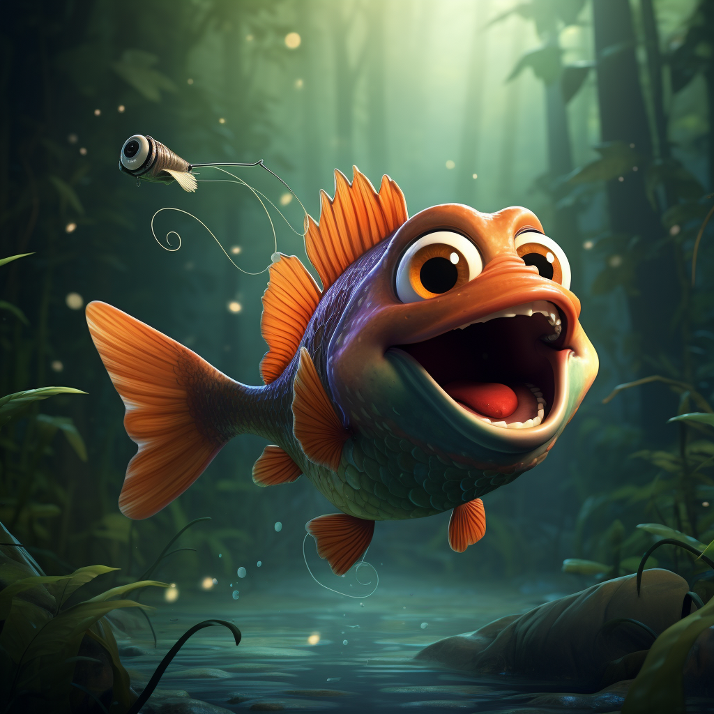 Cute cartoon fish swinging through forest like Spider-man