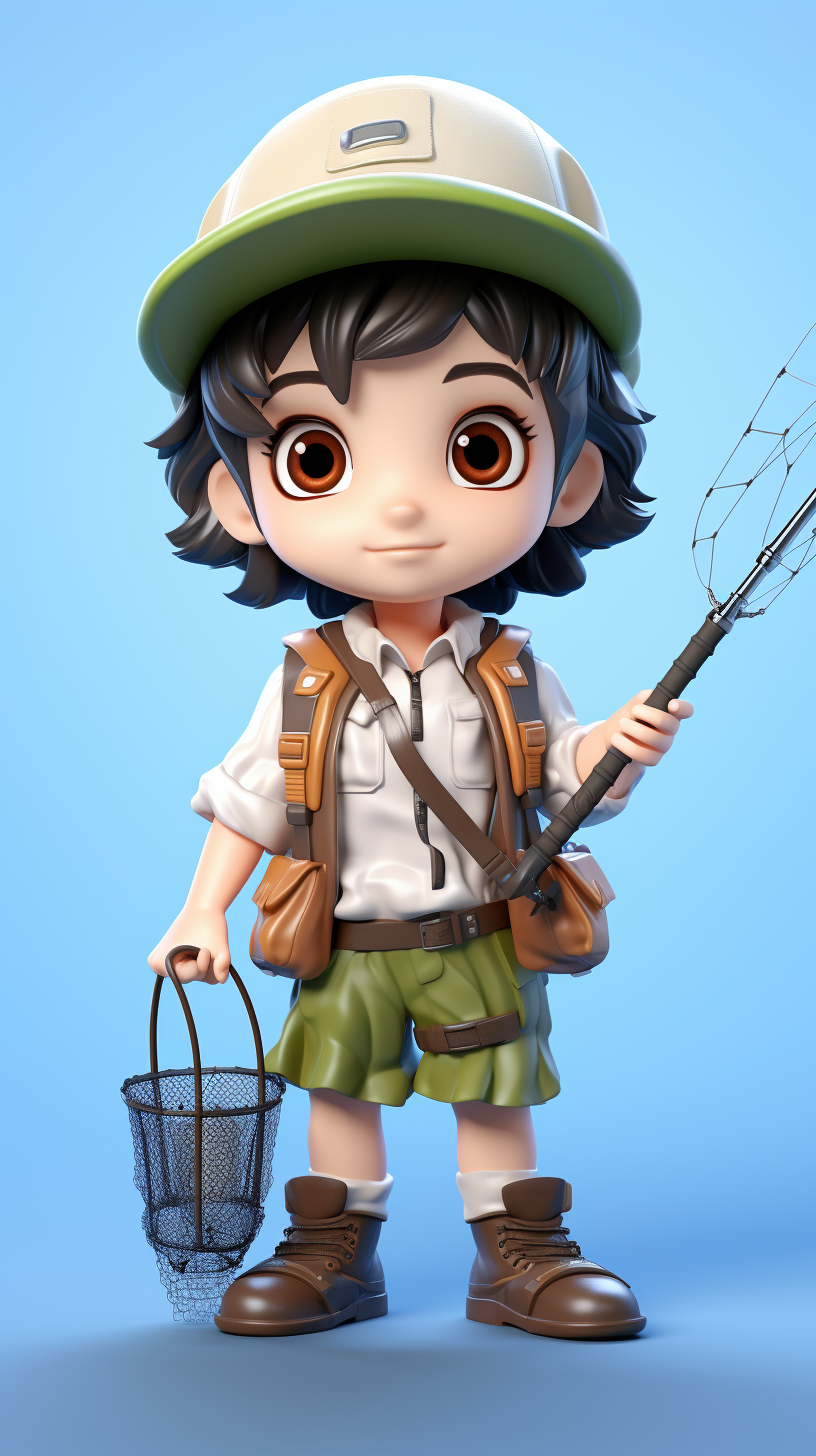 Cute cartoon fisherman boy holding fishing gear