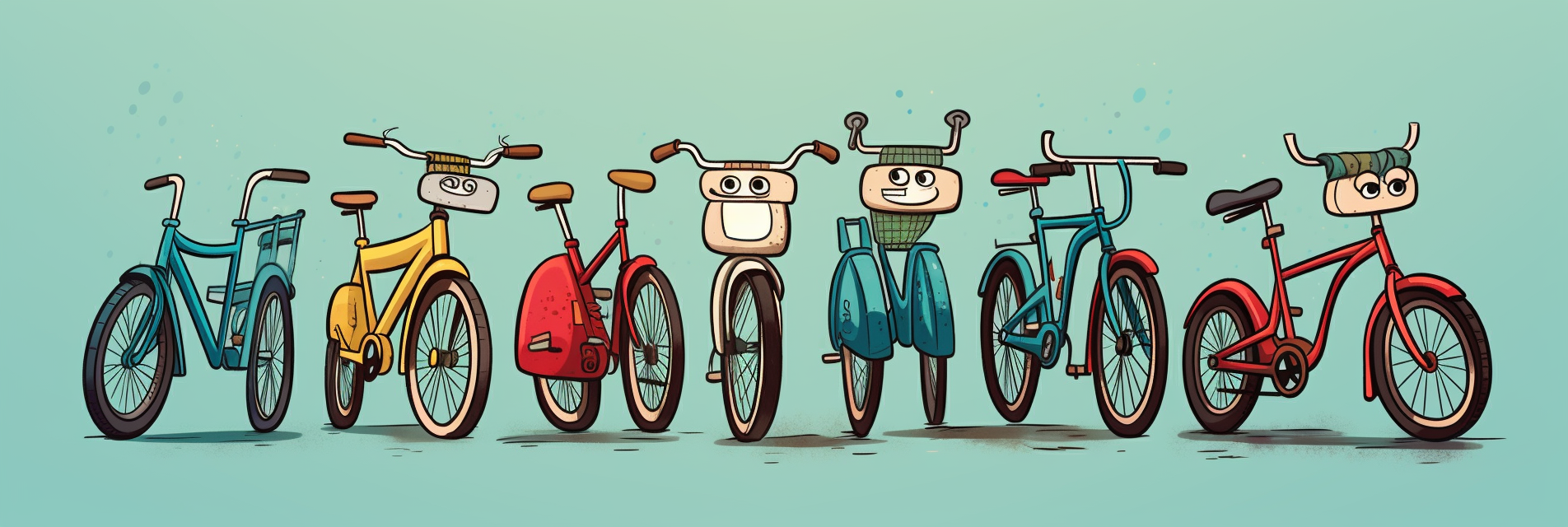 Playful cartoon bicycles in a row