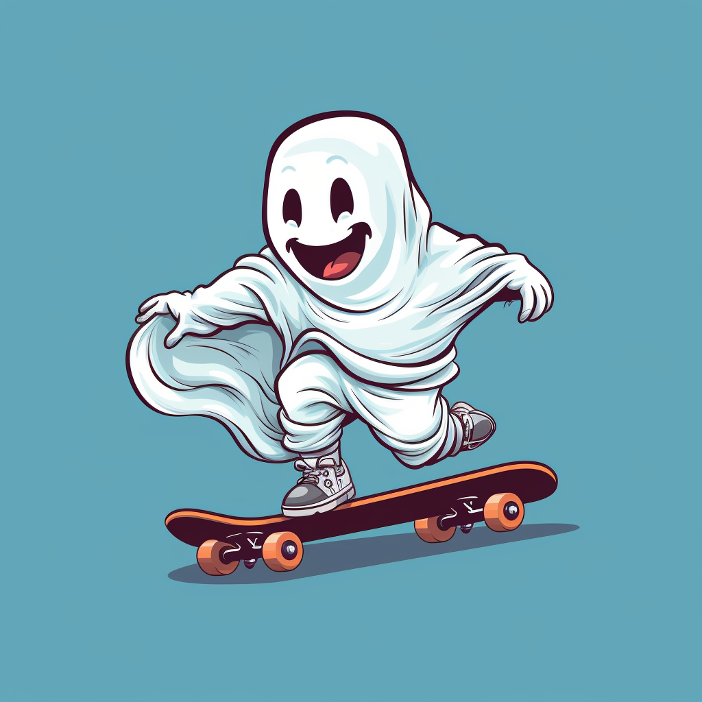 Cartoon ghost riding a skateboard