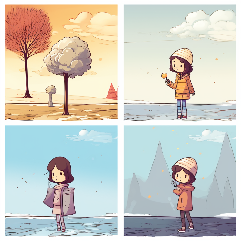 Cartoon girl with ice cream in changing seasons