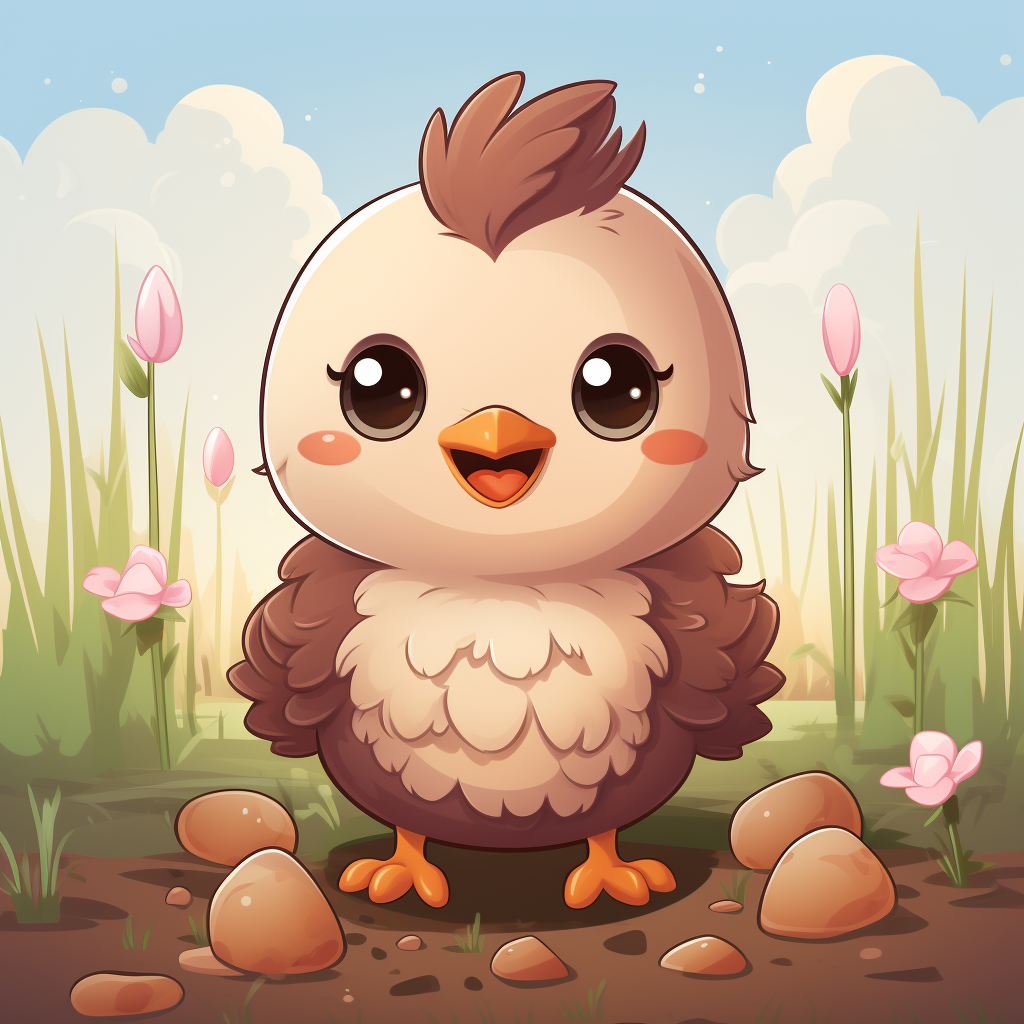 Cartoon hen with eggs in grass