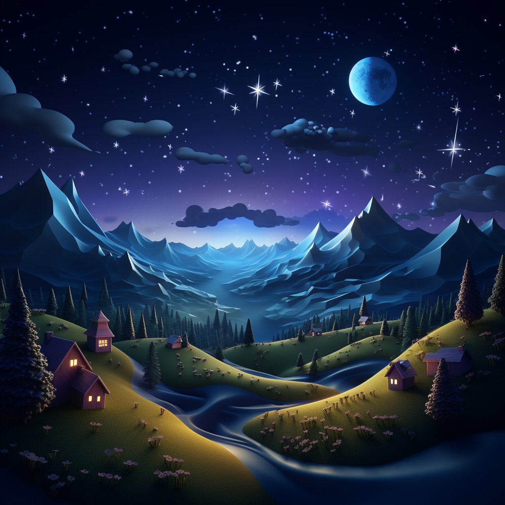 Colorful 3D cartoon hills under night sky