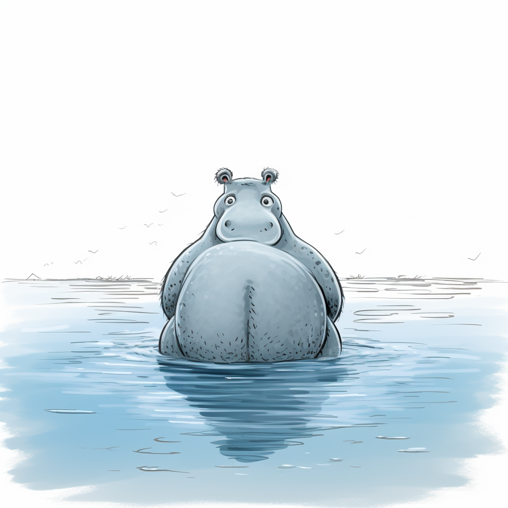 Cute cartoon hippo swimming in blue water