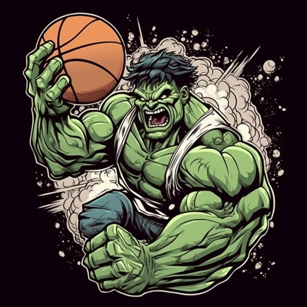 Cartoon Hulk dunking basketball