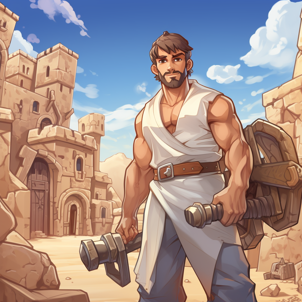 Cartoon blacksmith carrying strong hammer in desert castle town