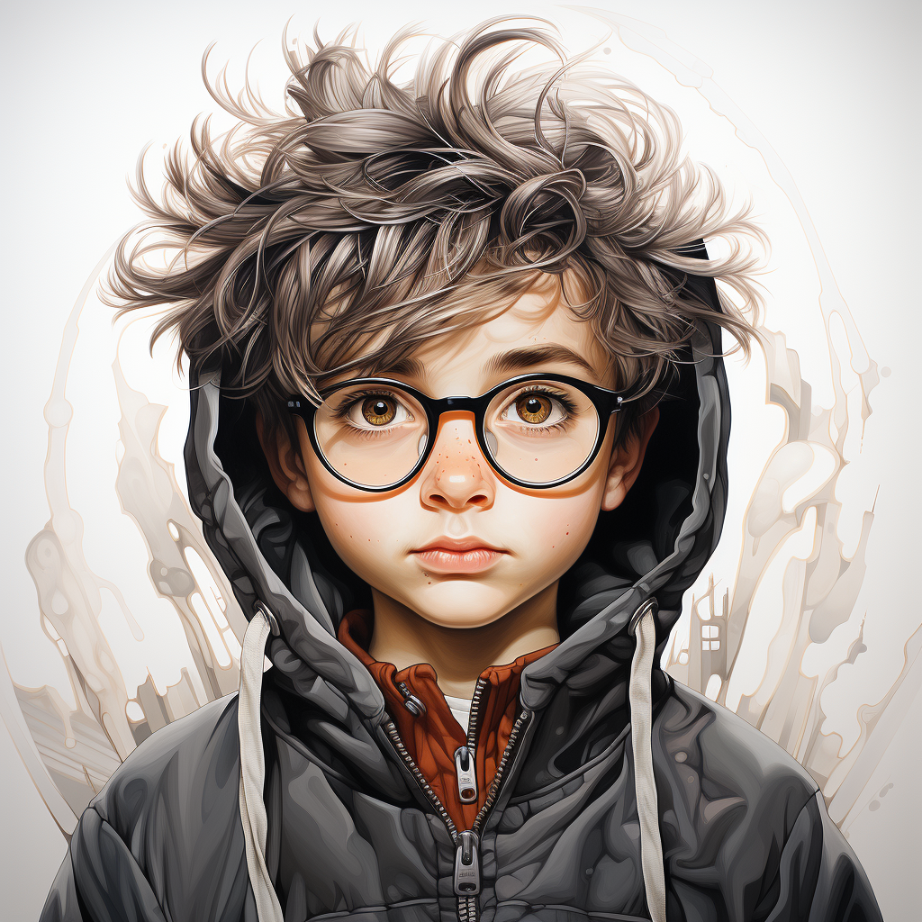 Cartoon kid with glasses and big head in hoodie