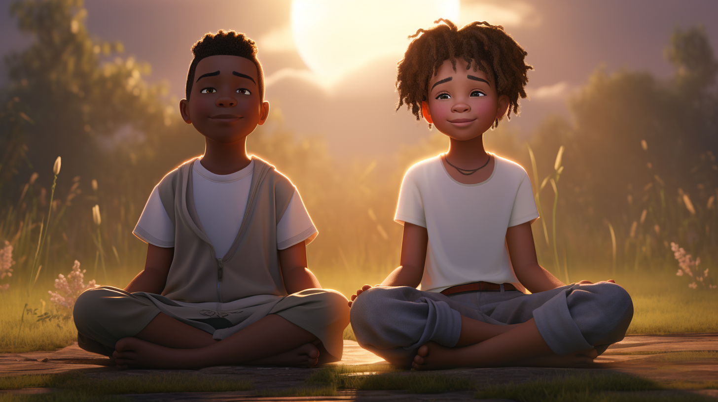 Two cartoon kids meditating peacefully