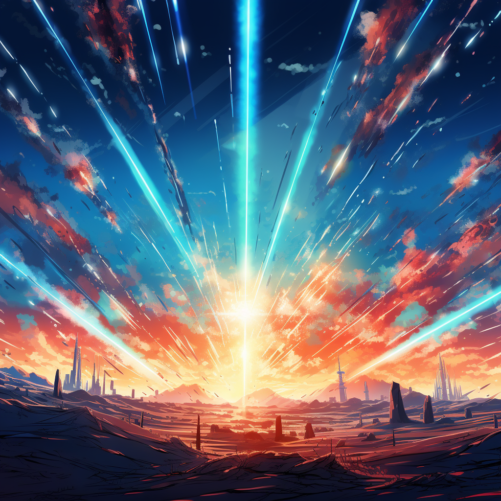 Cartoon laser beams explosion in sci-fi anime