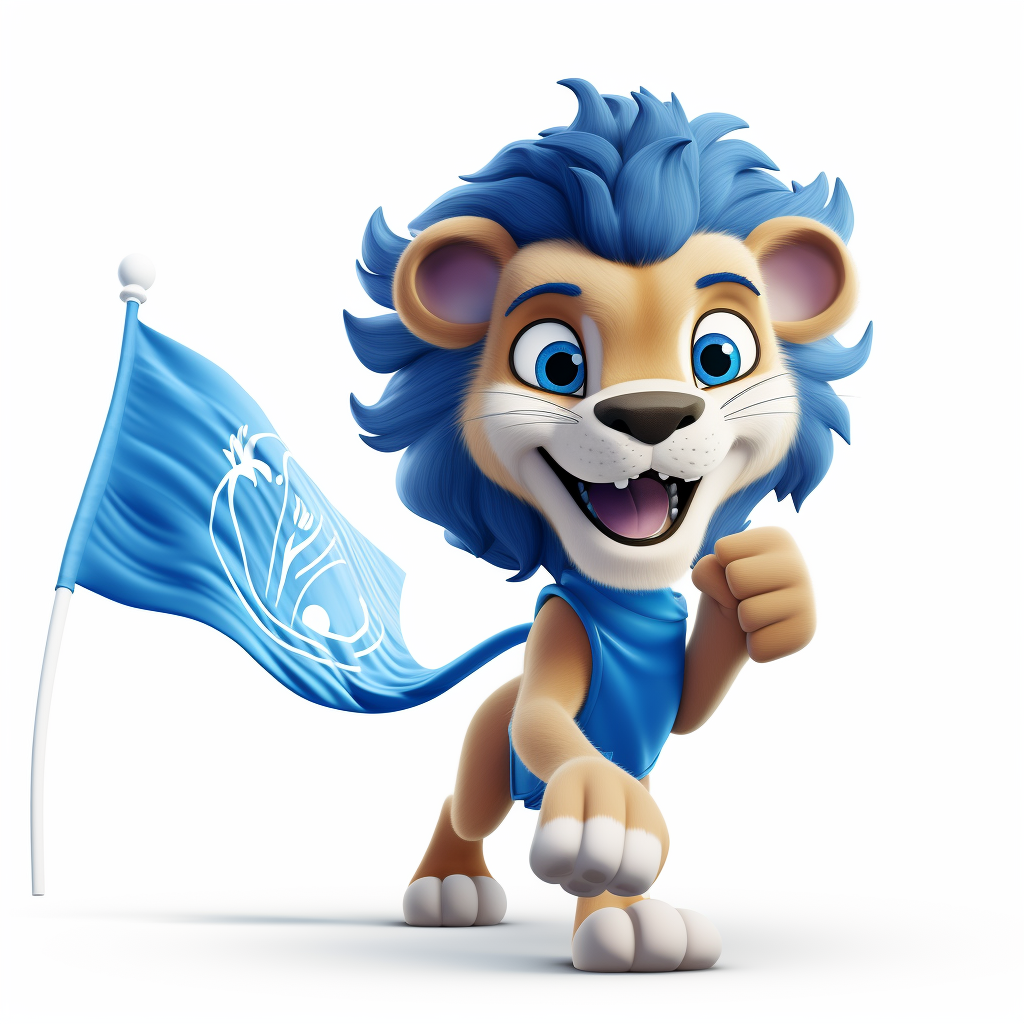 Cartoon lion running with blue flag from the back