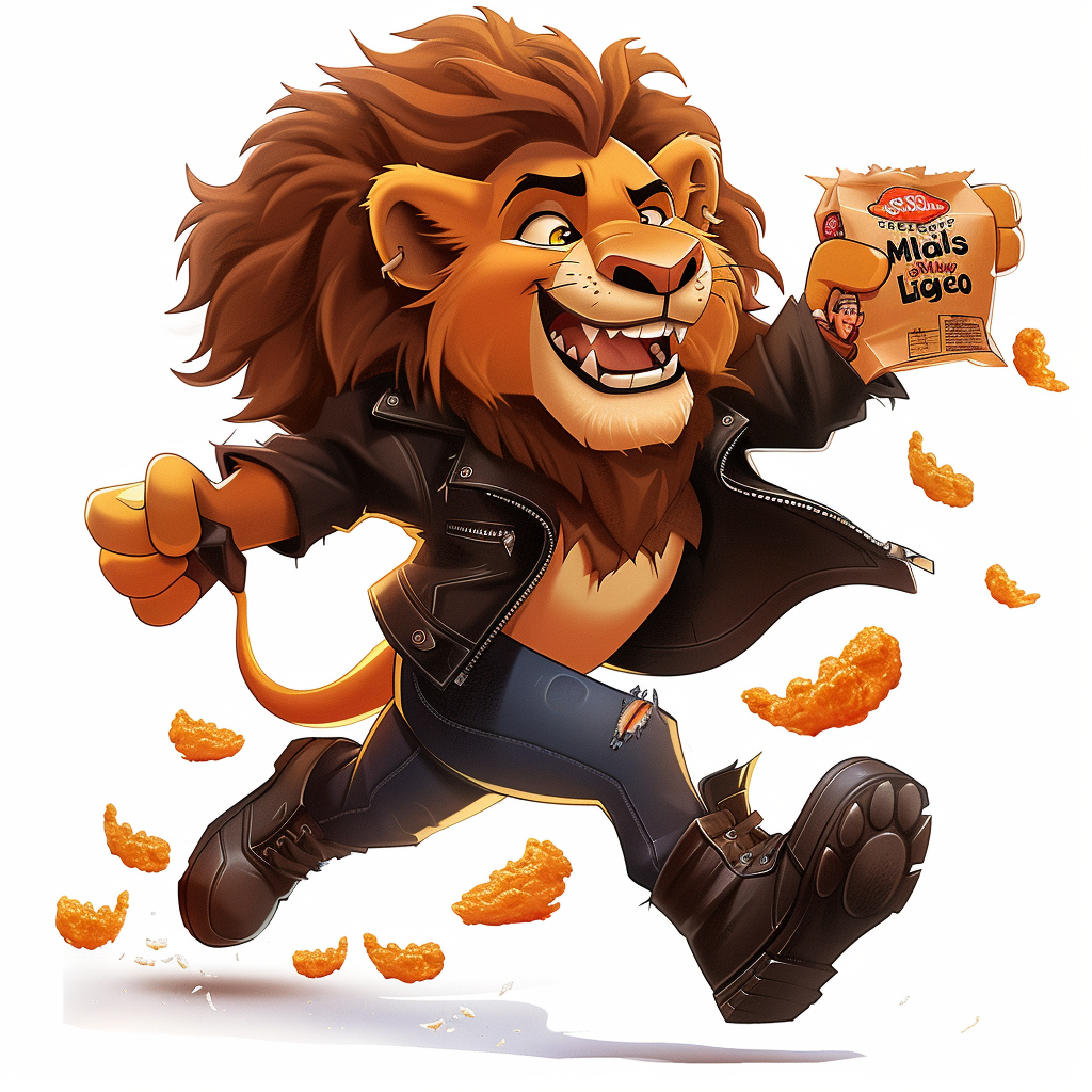 Cartoon lion with cheetos bag