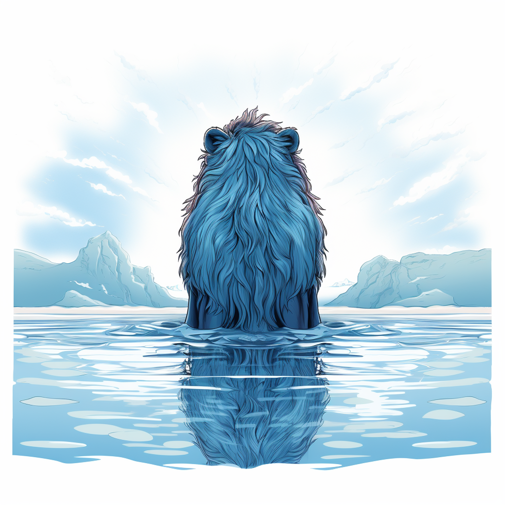 Cartoon lion in blue water