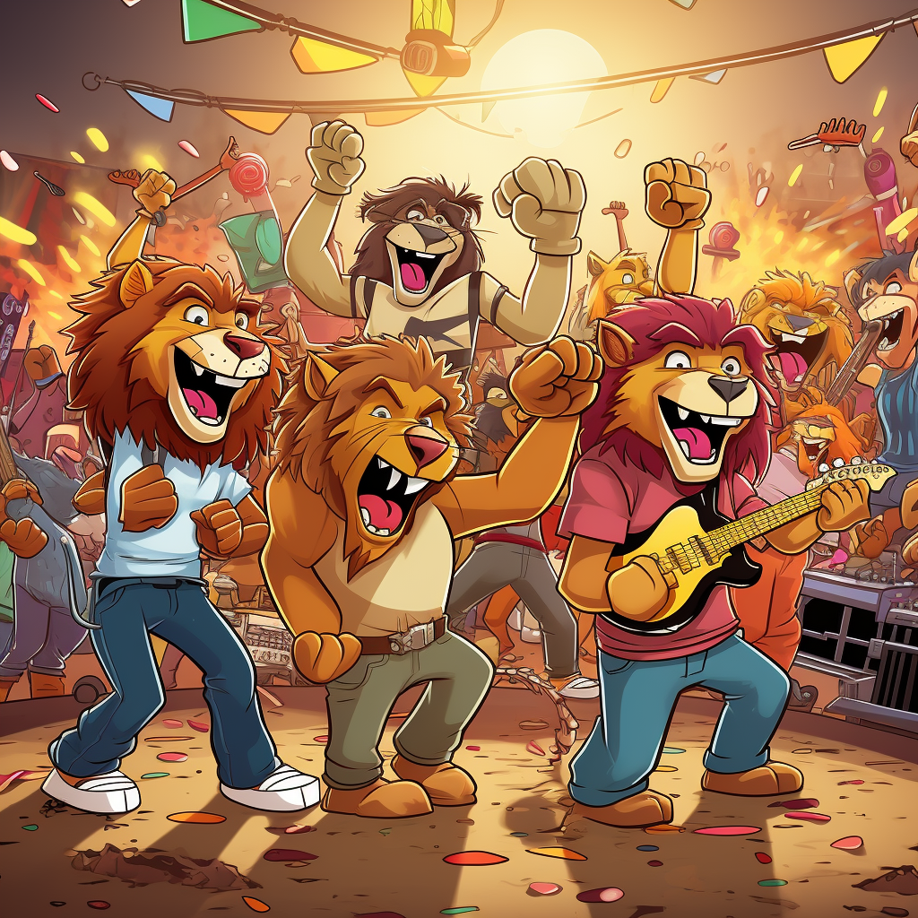 Cartoon lions dancing at party