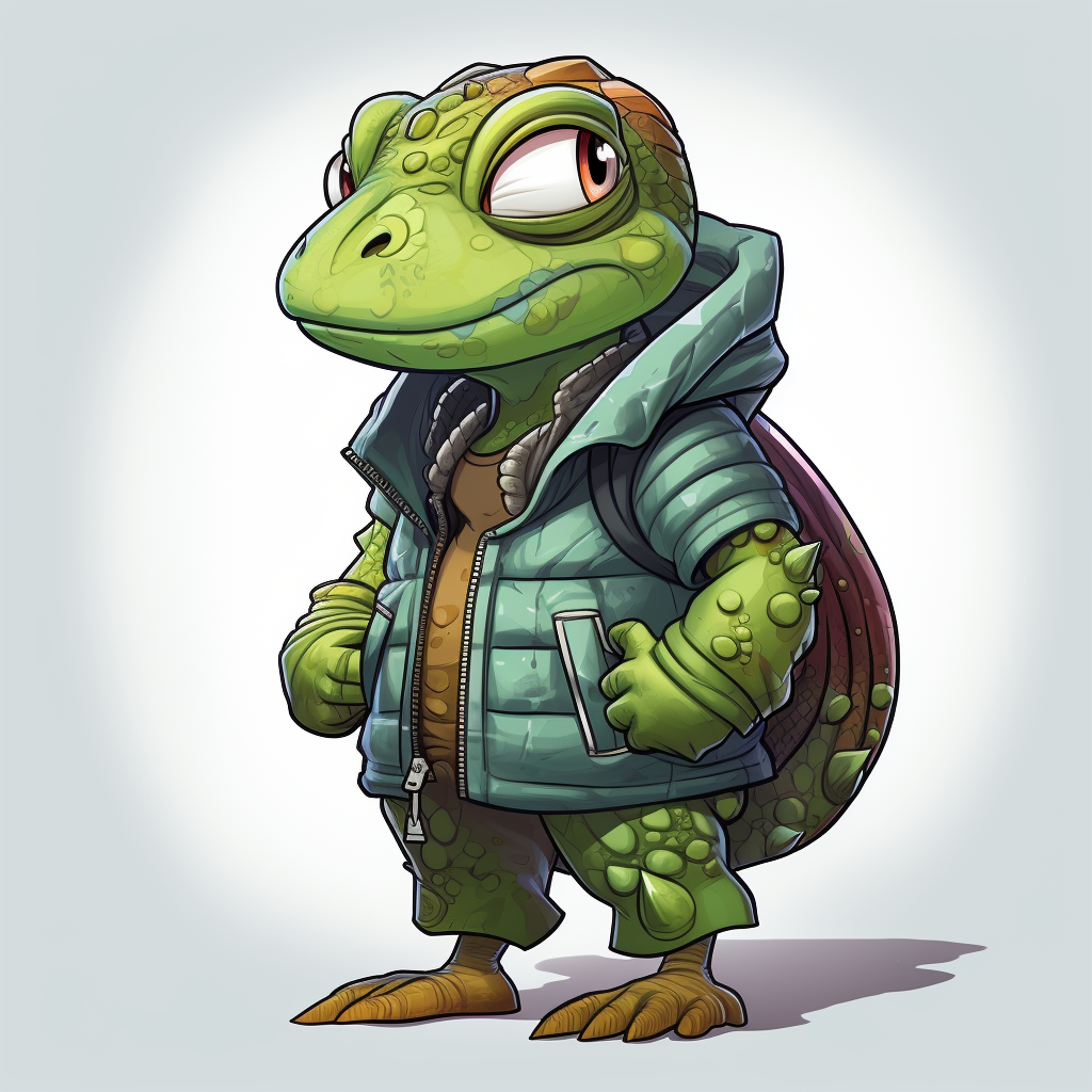 Cartoon lizard wearing puffy vest