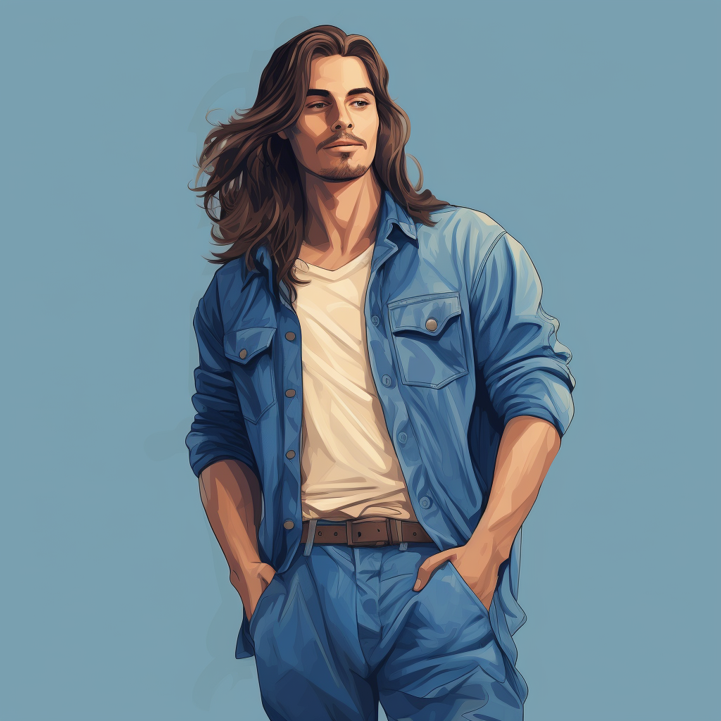 Cartoon man with long hair in denim jumpsuit