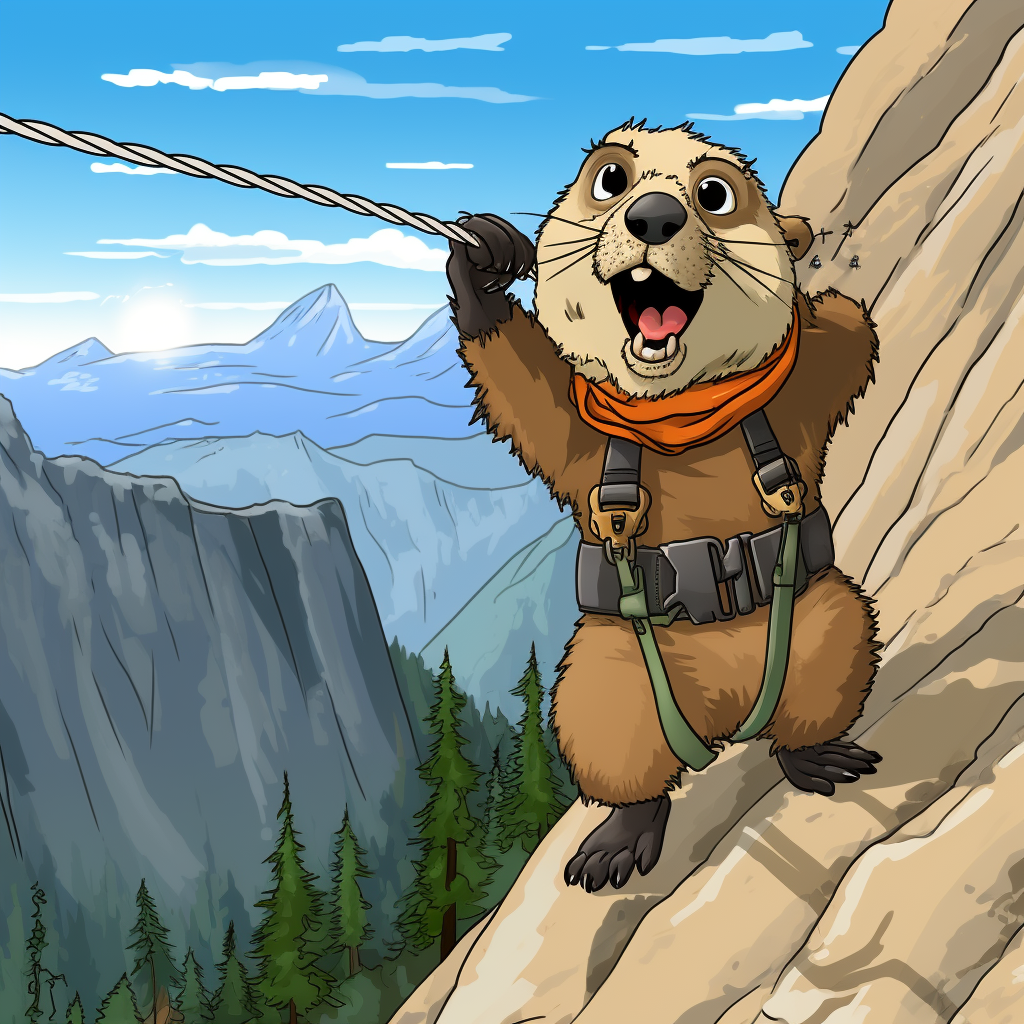 Cartoon marmot rapelling off El Capitan