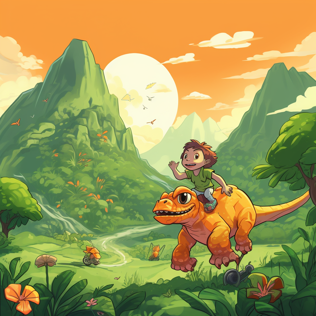 Cute cartoon monkey riding green T-rex in jungle