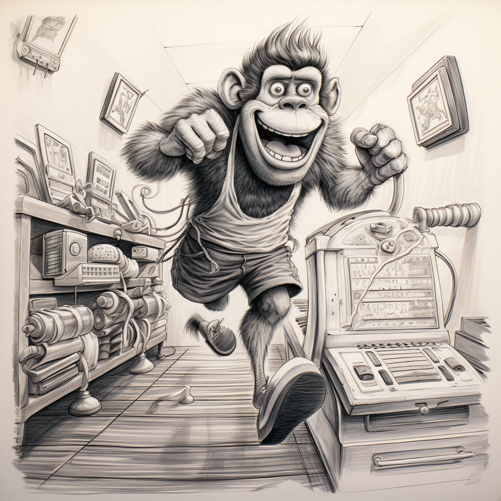 Cartoon monkey running on treadmill