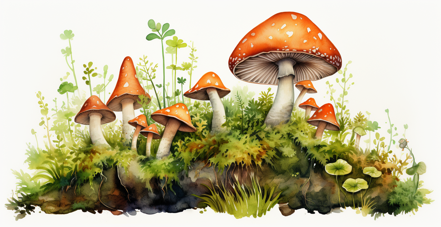 Colorful cartoon mushrooms growing in moss