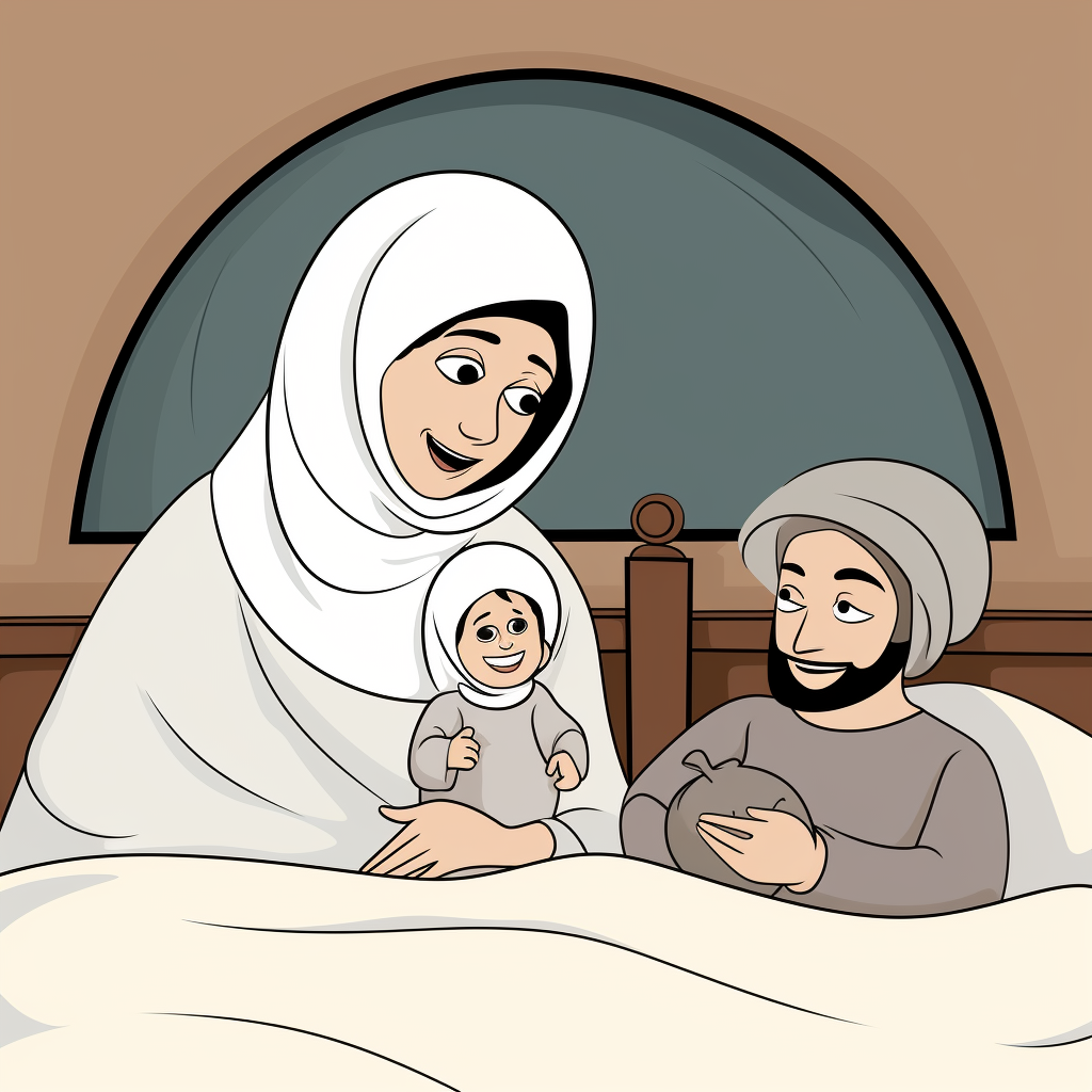 Cartoon newborn with mother wearing hijab, smiling happily