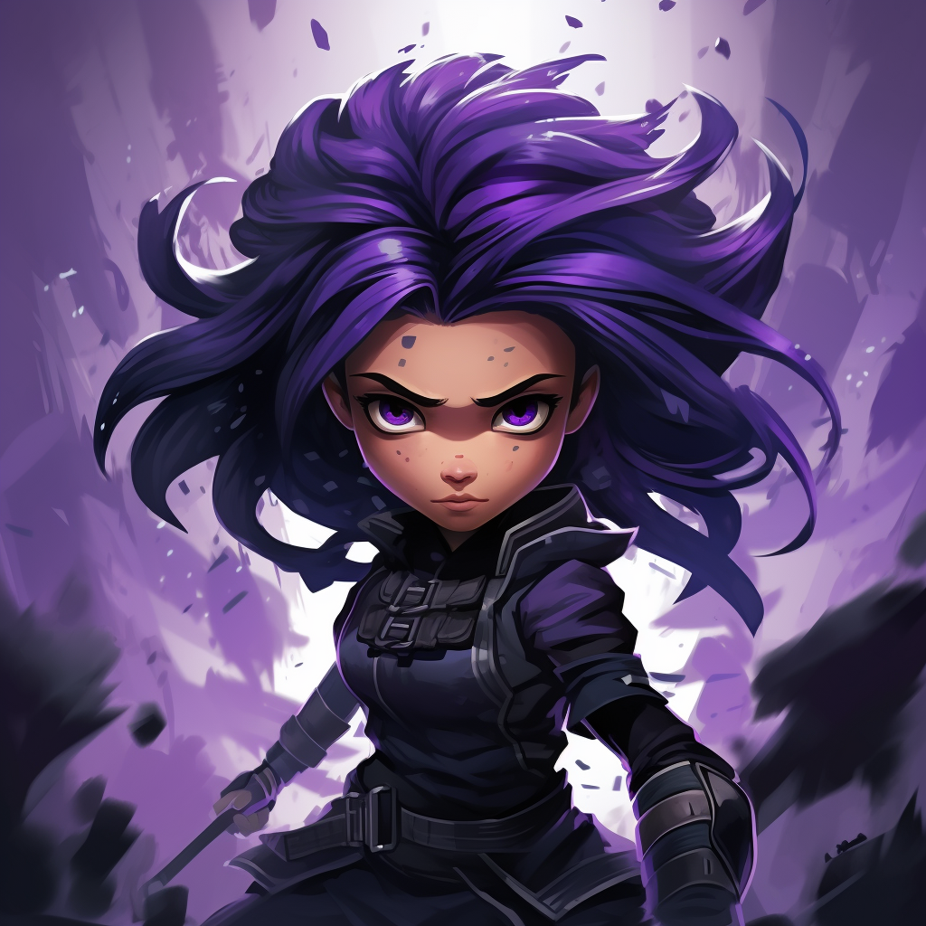 Cartoon ninja girl with purple outfit and crazy hair