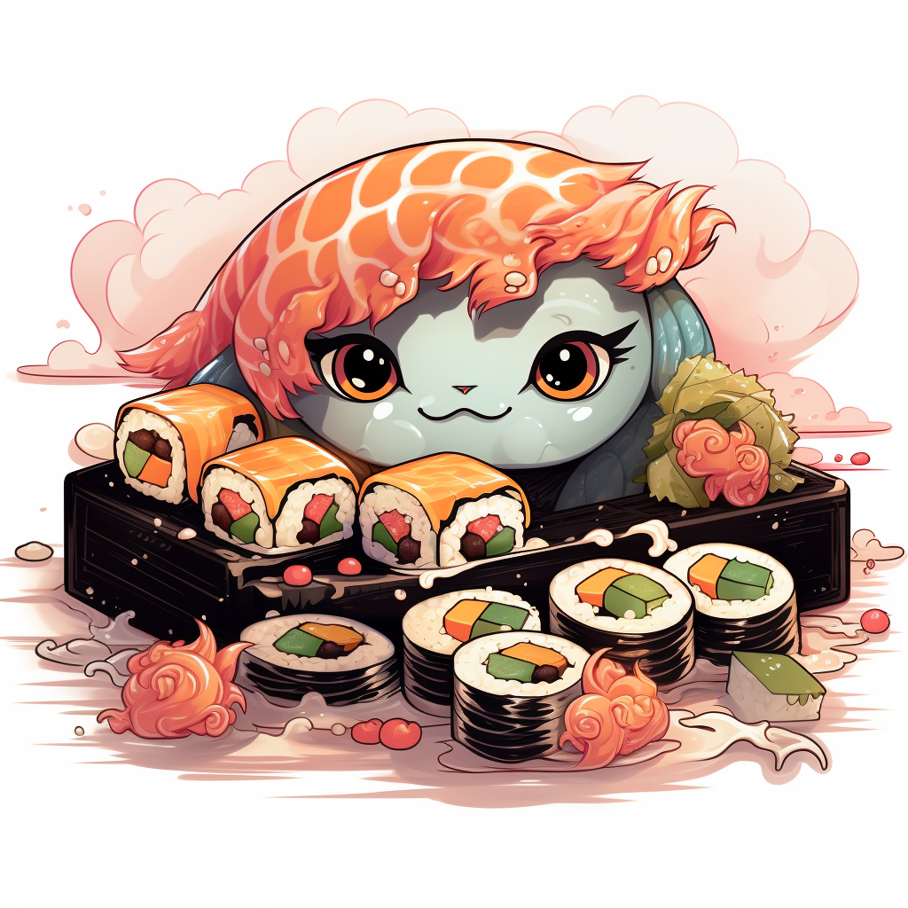 Colorful cartoon sushi with bad omens