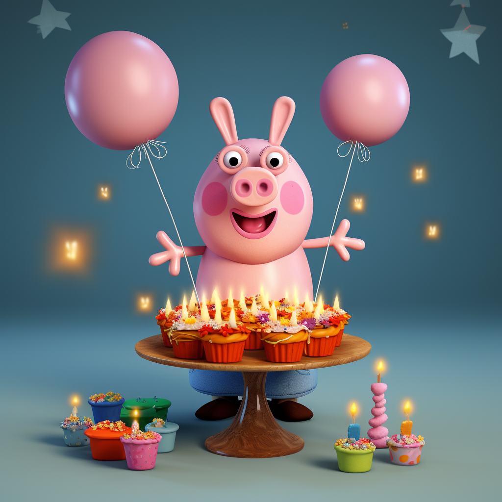 3D Cartoon Peppa Pig with Birthday Cake