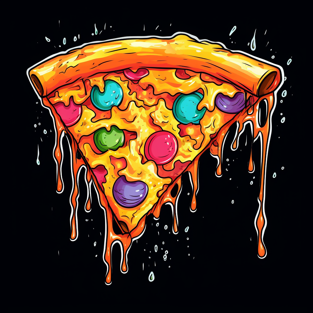 Colorful cartoon pizza slice on black background