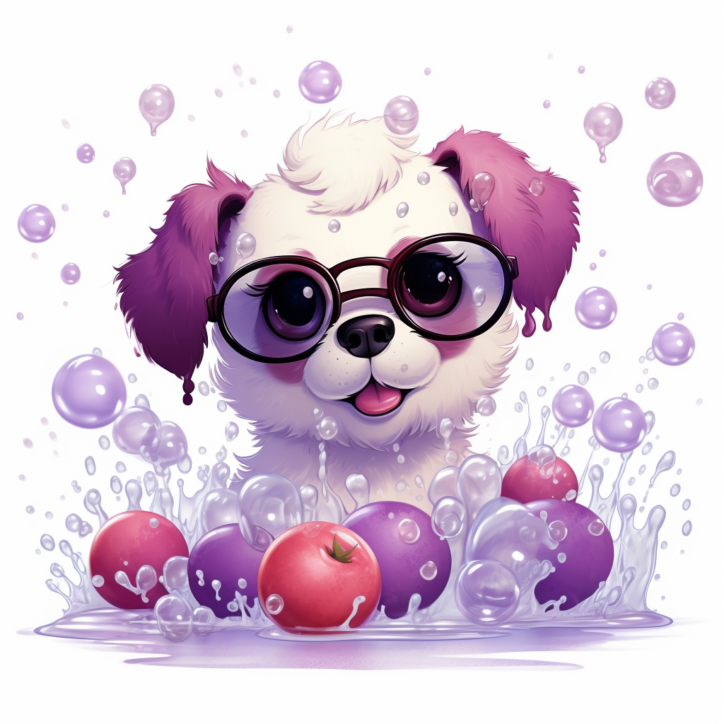 Kawaii plum fruit with bubbles and puppy