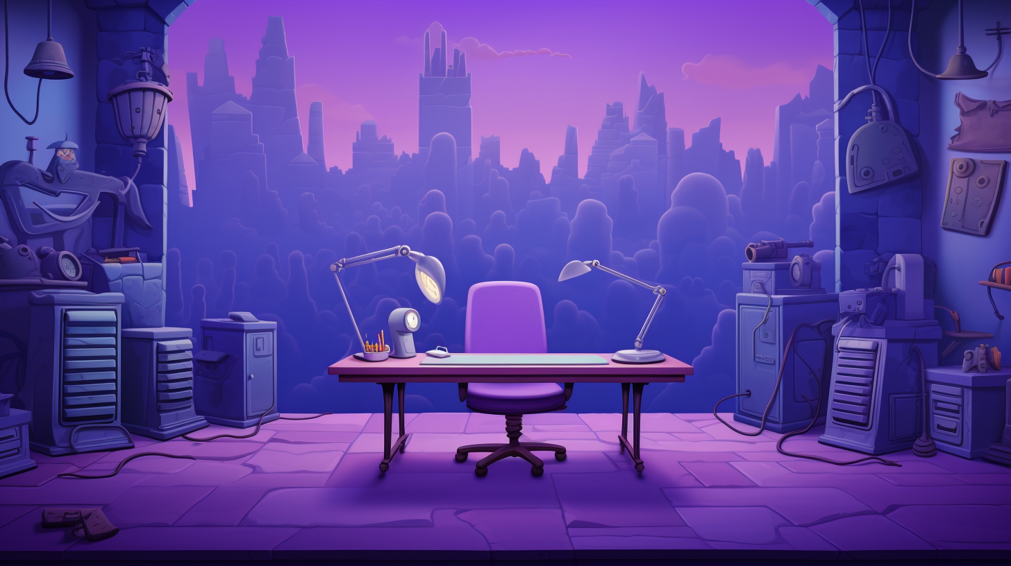 Cartoon purple background with small desks