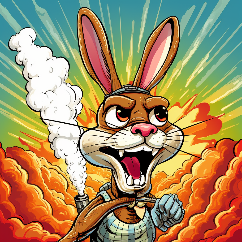 Cartoon rabbit breathing fire in old-time style