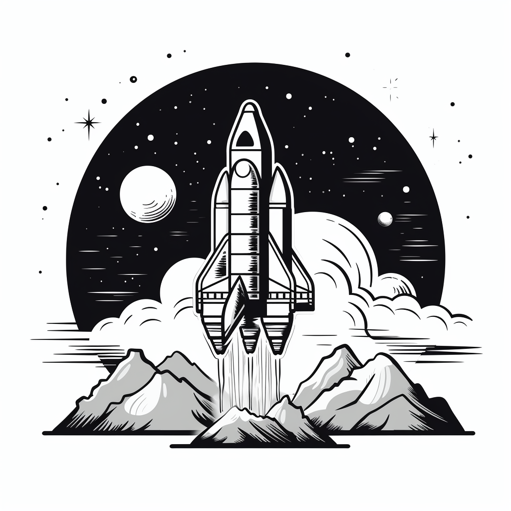 Cartoon rocket shooting towards the moon over mountains