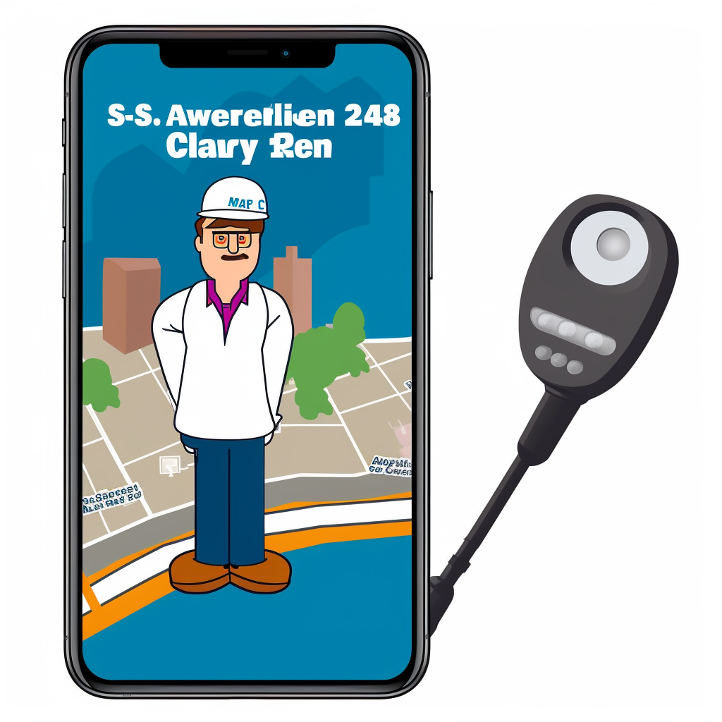 Cartoon sewer cleaner on phone map