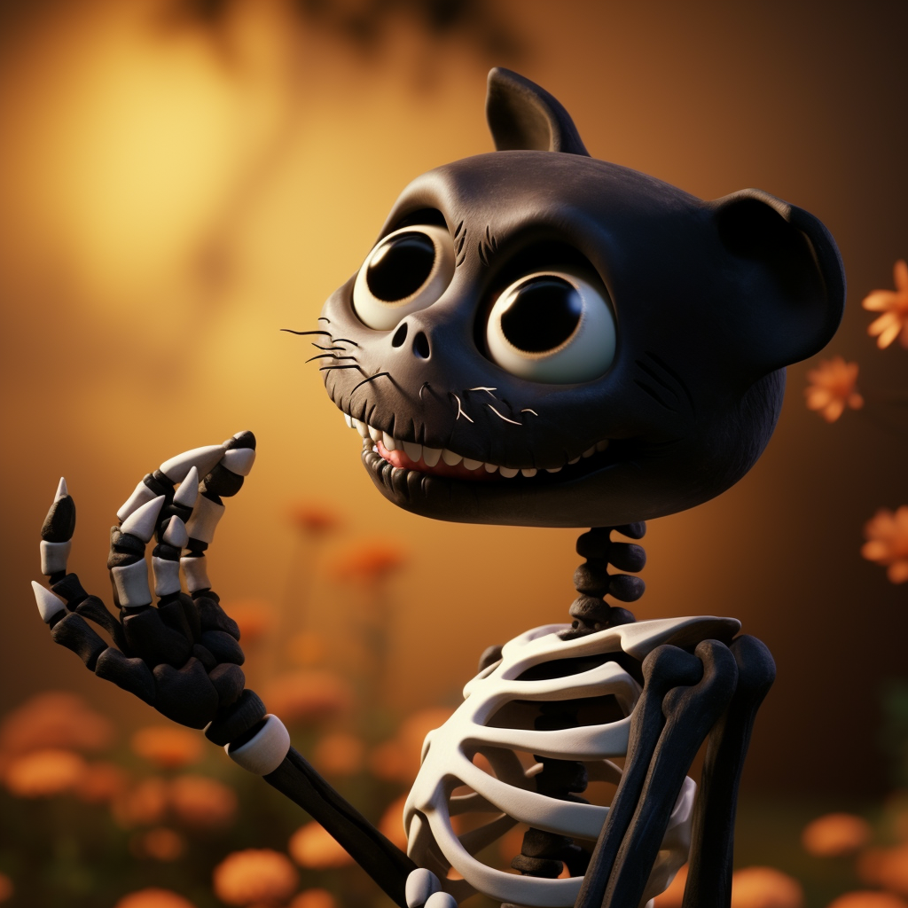 Cartoon skeleton boops black cat's nose tip