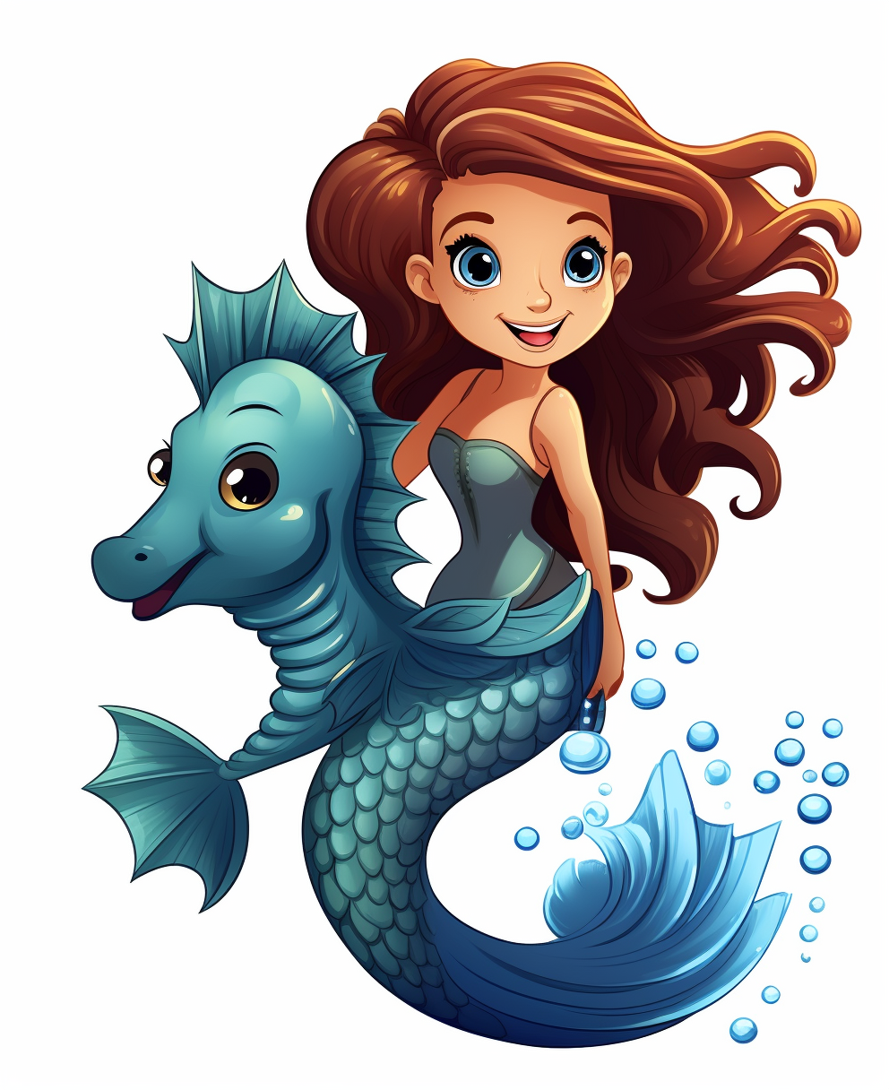 Ariel riding a seahorse with long hair