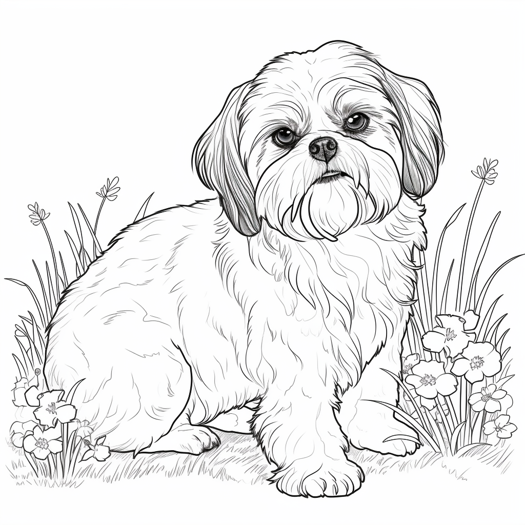 Cartoon-style kids coloring page of a Shih Tzu