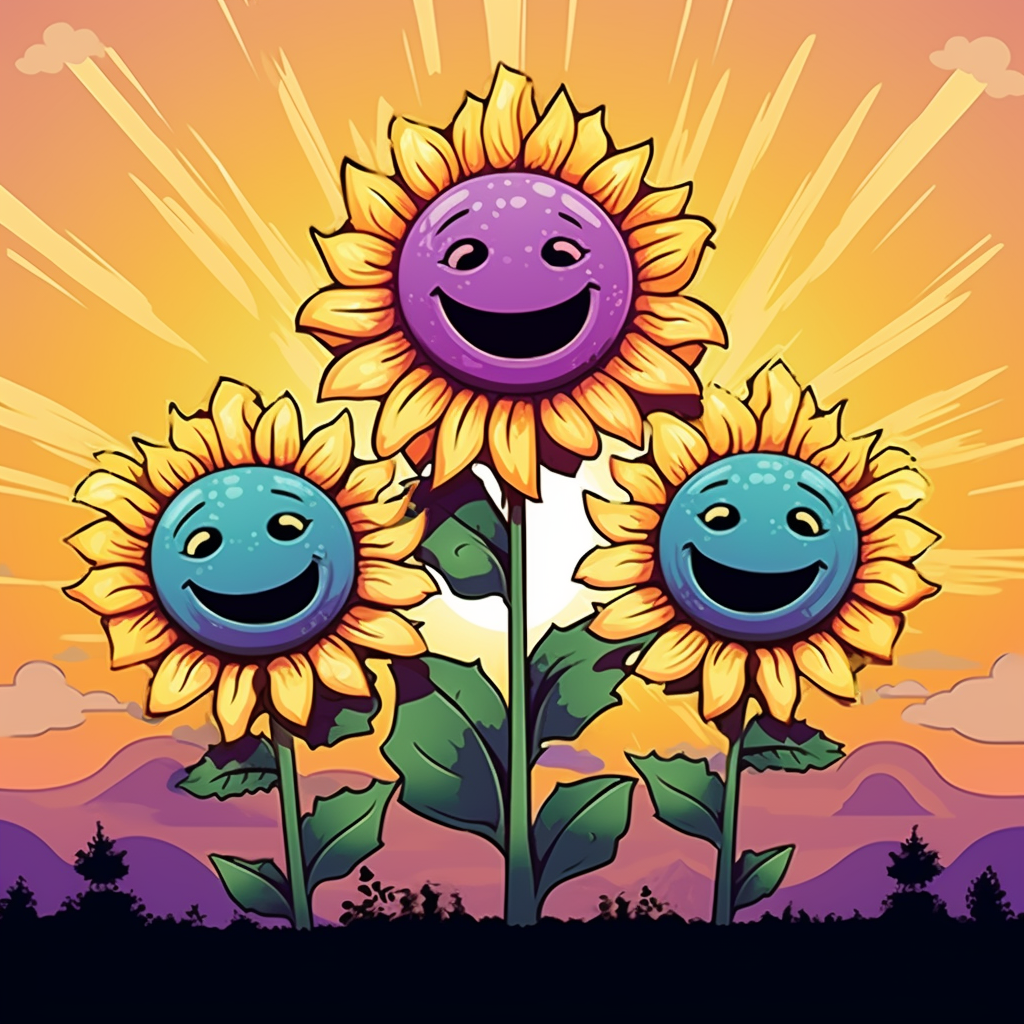 Cartoon sunflowers with happy faces and sunrise background