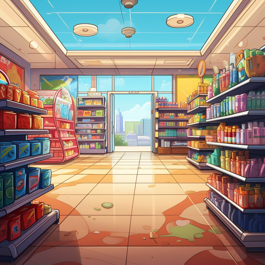 Colorful supermarket interior with cartoon characters