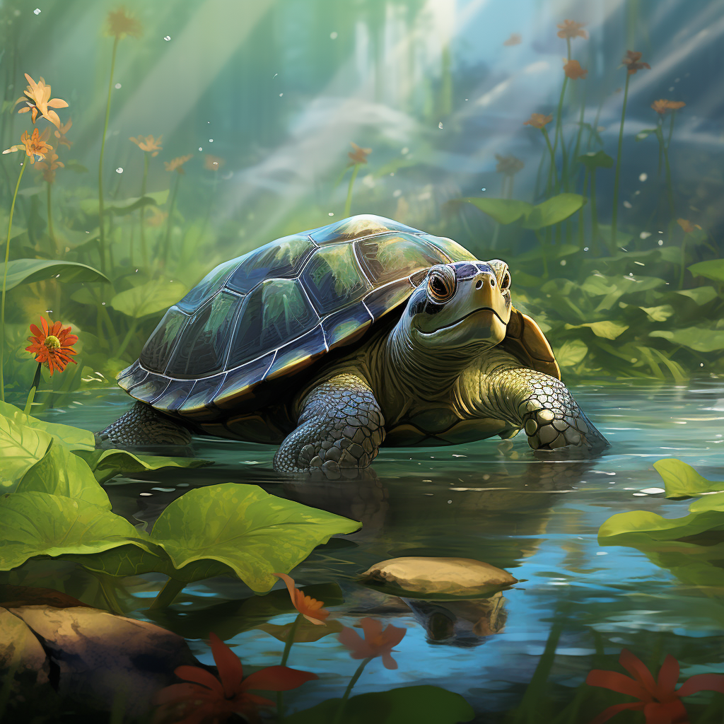 Turtle floating in pond with foliage