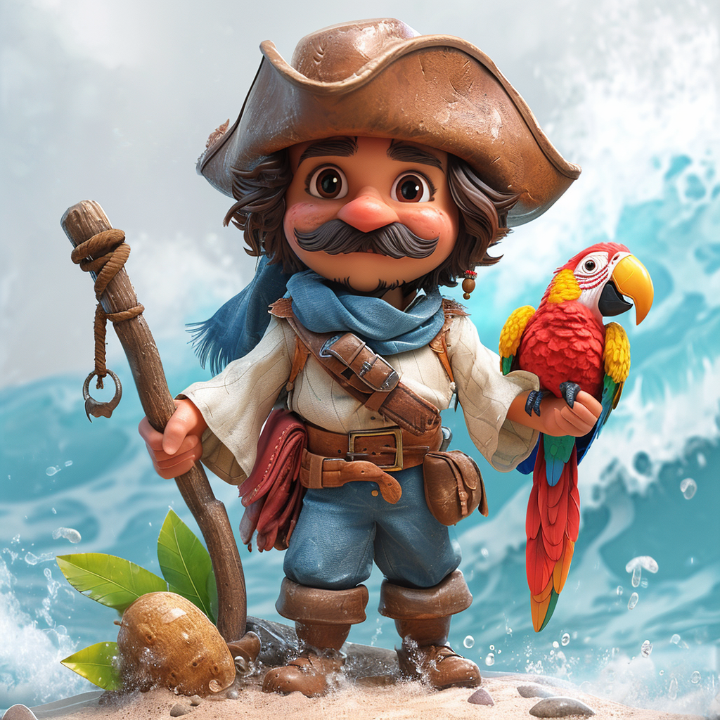 Cartoon water playground wale with wooden leg and moustache parrot hook