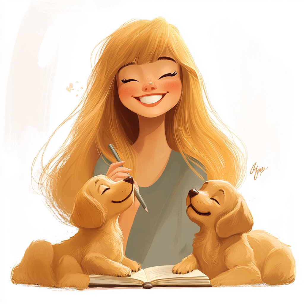 blonde woman puppies writing notebook