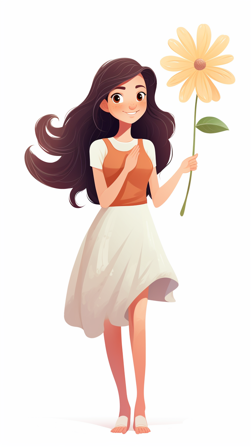 Cartoon woman holding a flower with open arms