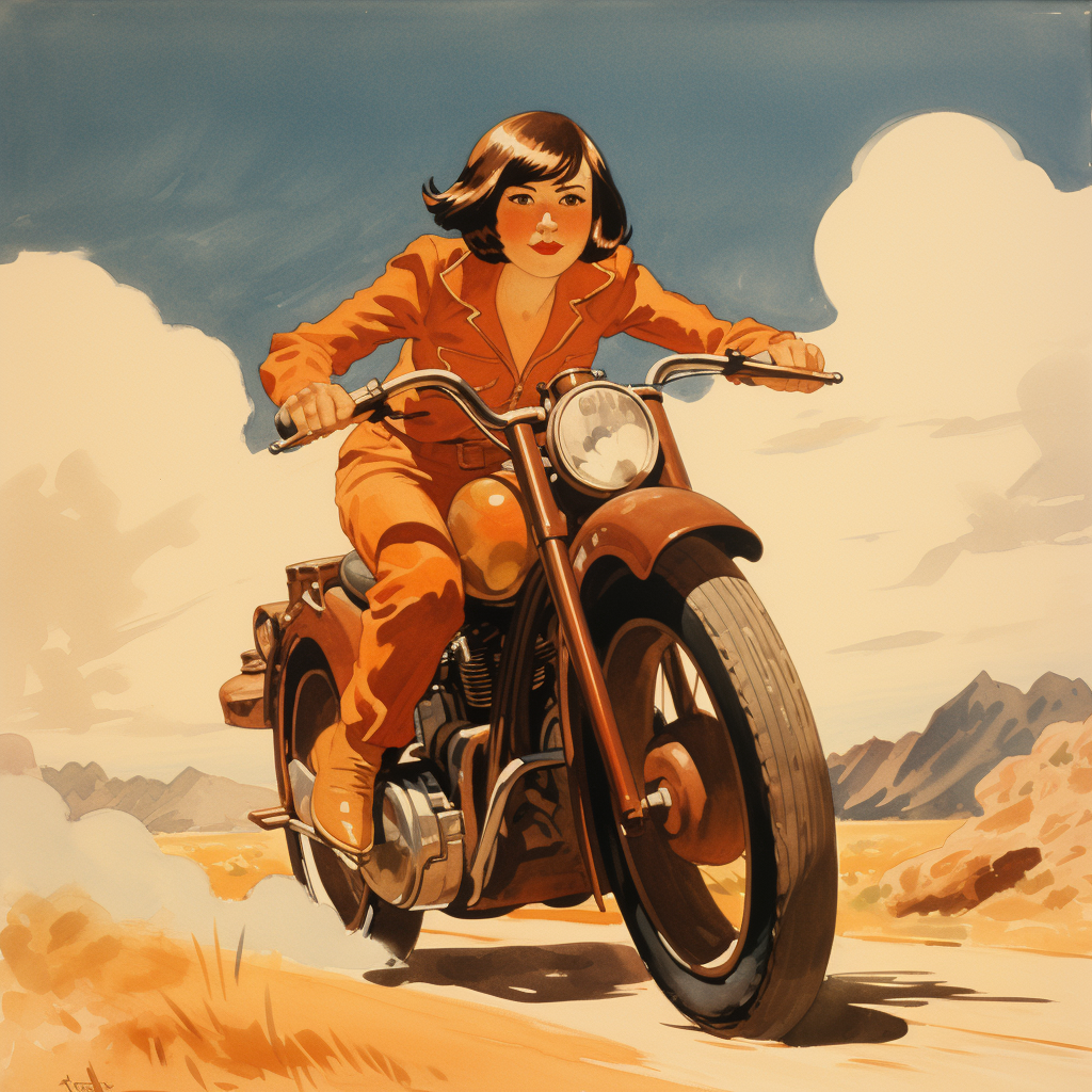 1930s cartoon woman on motorcycle