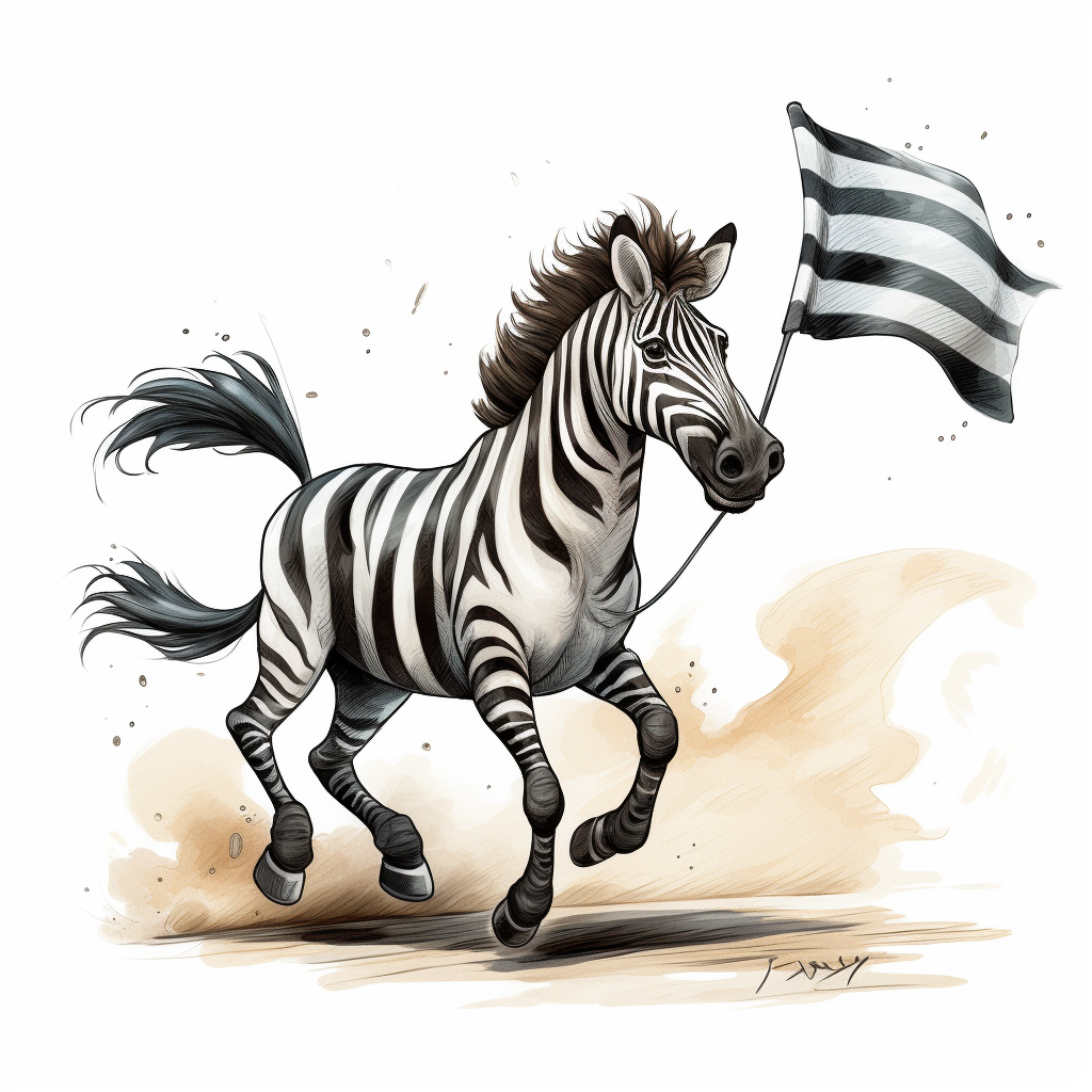 Cartoon zebra running with black flag