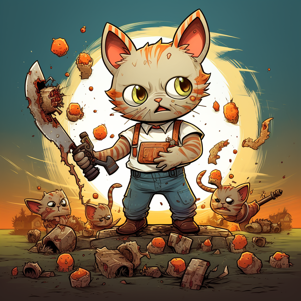 Cartoon zombie cat juggling chainsaws