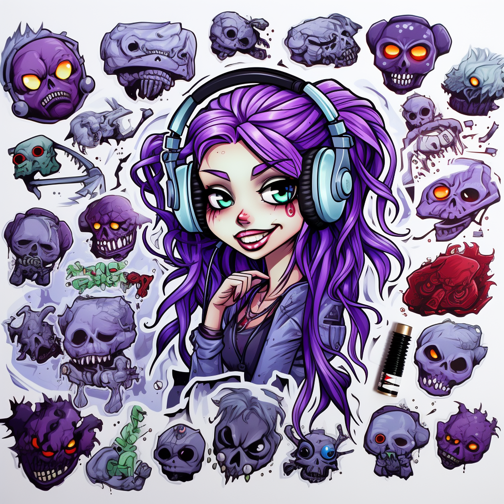 Cartoon zombie girl with purple hair wearing headphones