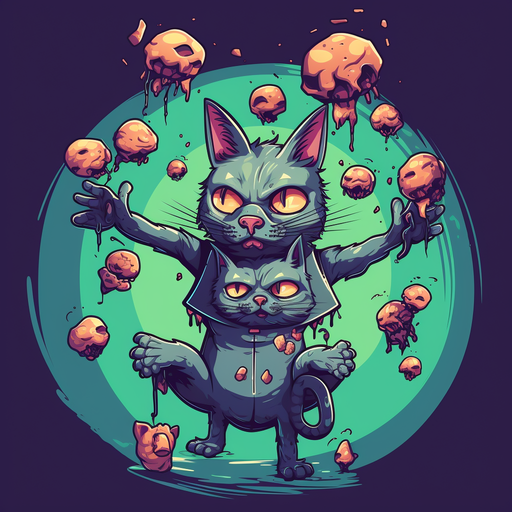 Cartoon zombie juggling cat heads