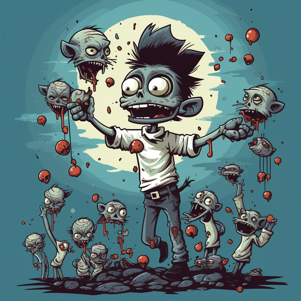 Funny cartoon zombie juggling cats